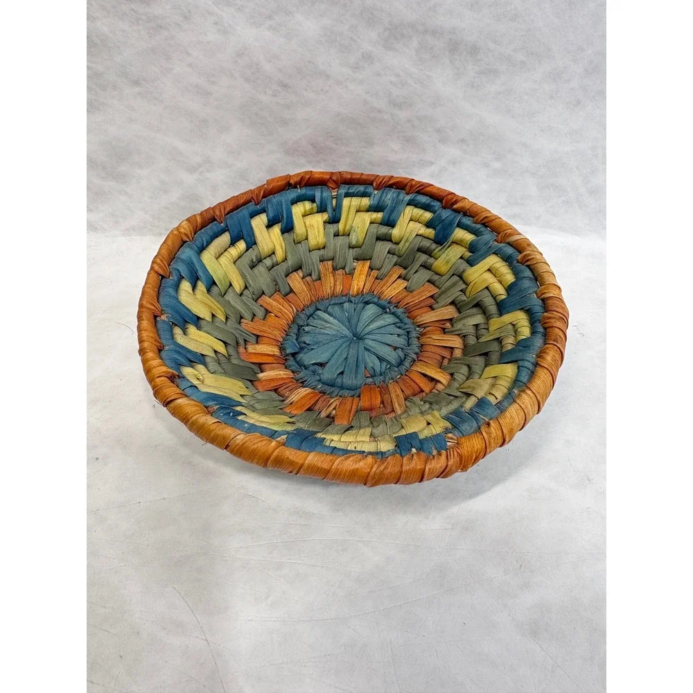 Miniature Handwoven Coiled Basket Bowl Multi Color Boho Decorative Small 4 Inch